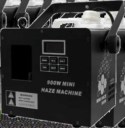 黒い箱型のヘイズマシン。前面に吹き出し口、上面に操作パネル